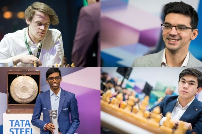 Matthias Blübaum, Anish Giri, Praggnanandhaa and Javokhir Sindarov