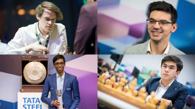 Matthias Blübaum, Anish Giri, Praggnanandhaa and Javokhir Sindarov